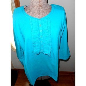 QVC Susan Graver Style Turquoise Ruffled Front 3/4 sleeve Cotton Spandex top  1X